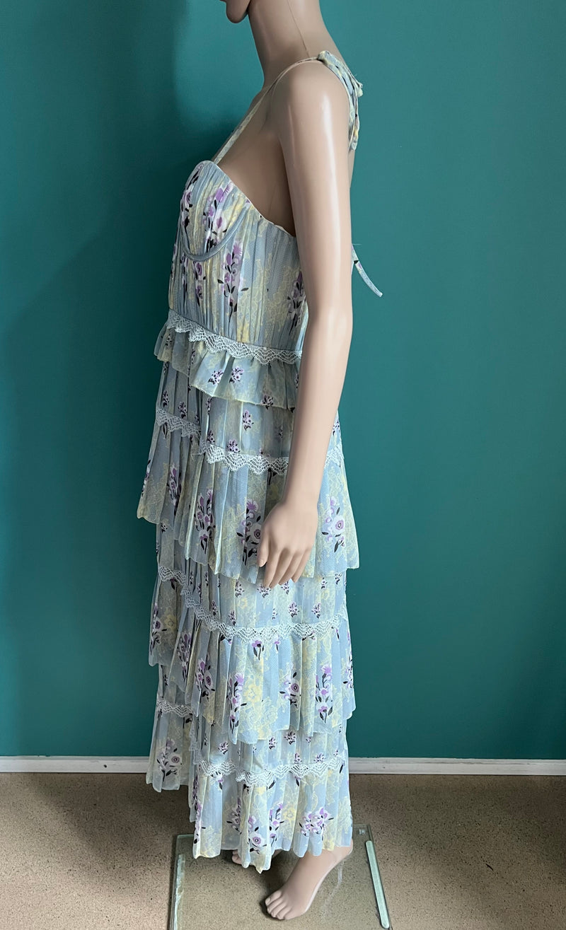 SELF-PORTRAIT Tiered Floral Lace Printed Chiffon Kleid
