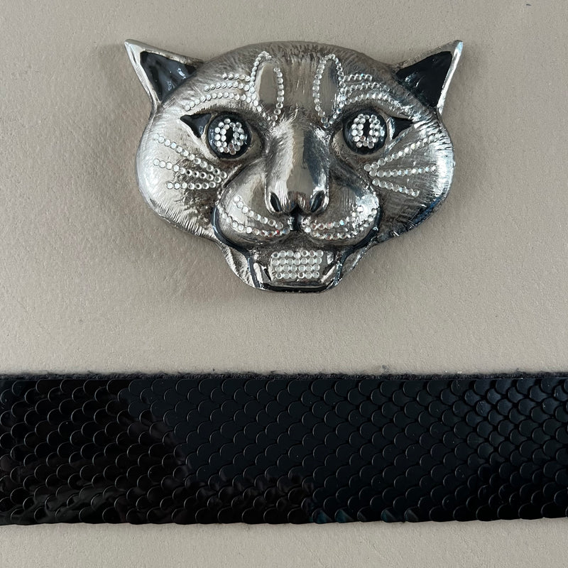 Pailetten Gürtel mit Tigerkopf Schnalle