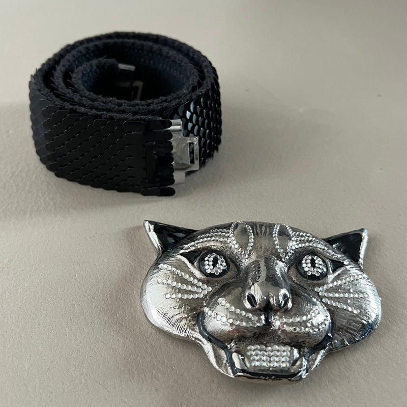Pailetten Gürtel mit Tigerkopf Schnalle