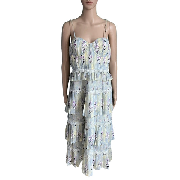 SELF-PORTRAIT Tiered Floral Lace Printed Chiffon Kleid
