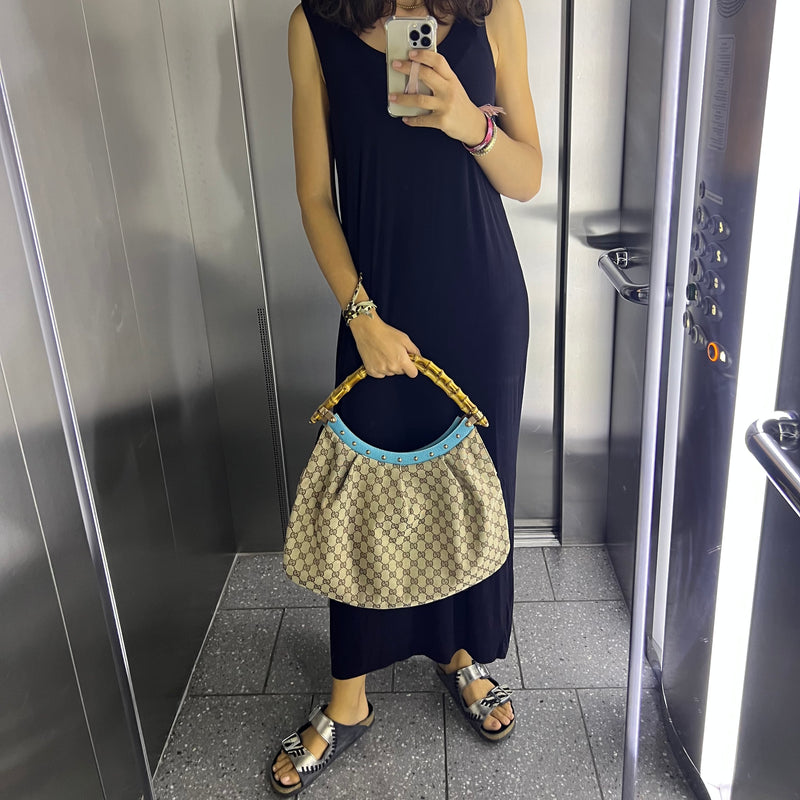 GUCCI Vintage Bamboo Hobo GG Canvas Bag