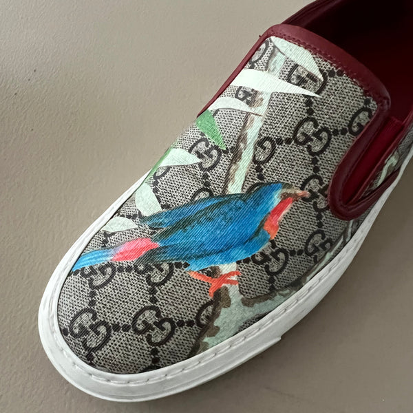 GUCCI GG Tian Bird Print Canvas Slip-On Sneakers